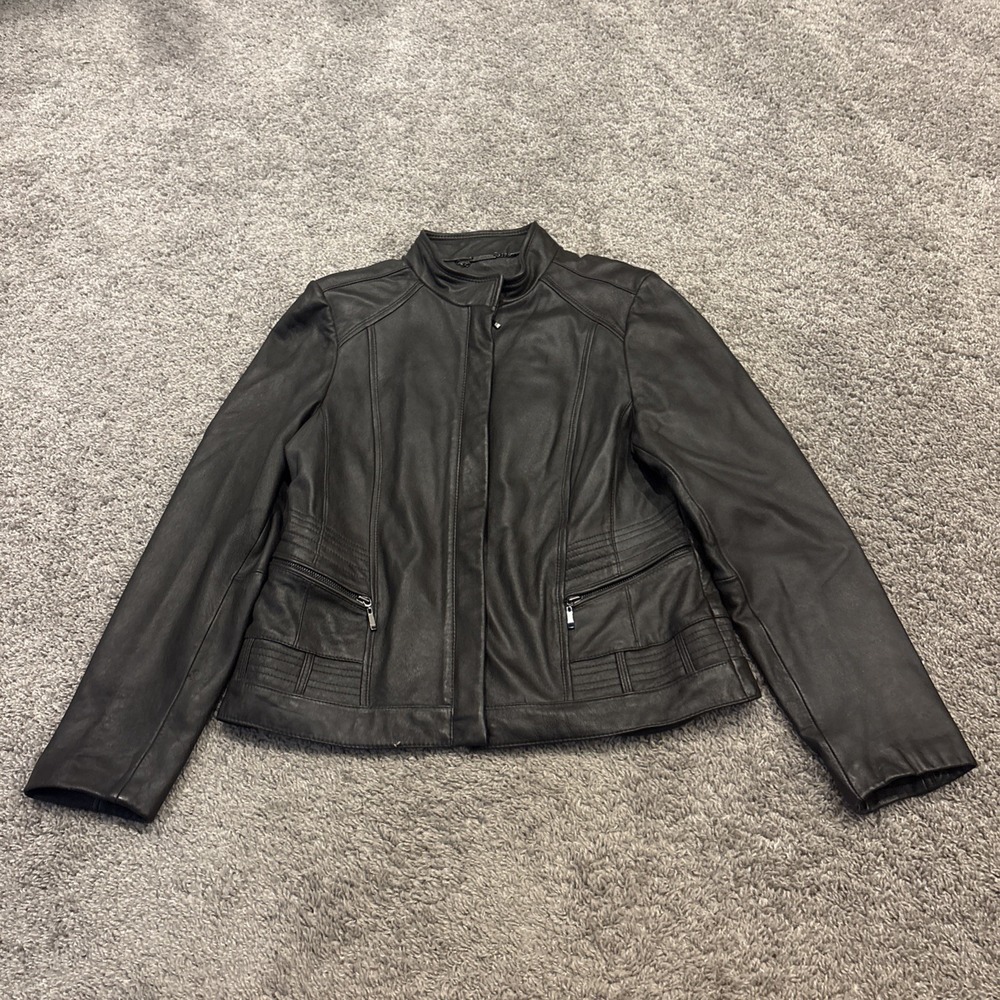 ANA a.n.a. Genuine Lambskin Leather Black Jacket Large Full Zip Moto Motorcycle